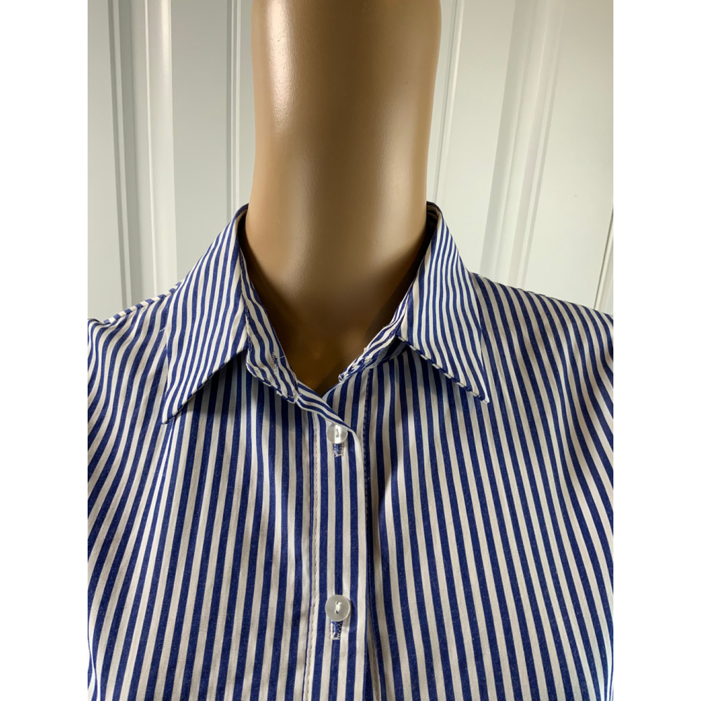 FX JC Women's Blue White Striped Peplum Collared Button Down Shirt Med High Low - Picture 3 of 13